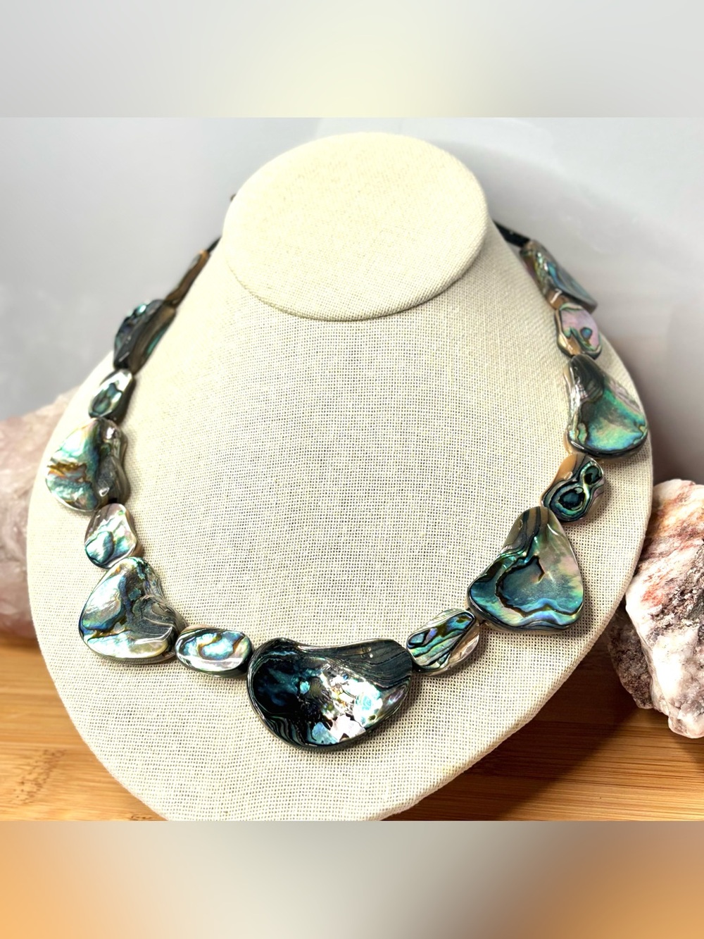 Abalone Shell Reversible Statement Necklace Iridescent Green Blue